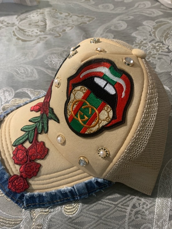 Beige Floral Embroidered Pearl Accent Baseball Cap